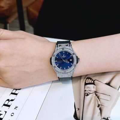 Đồng hồ Hublot giá rẻ nữ đính full đá màu xanh dương máy Nhật