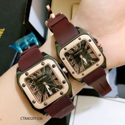 Đồng Hồ Cặp Cartier Mặt Vuông Màu Nâu Dây Cao Su Thơm