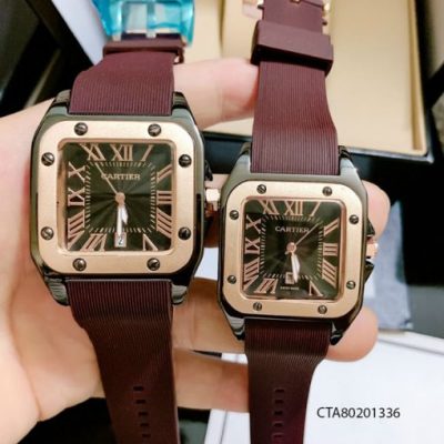 Đồng Hồ Cặp Cartier Màu Nâu Dây Cao Su Thơm