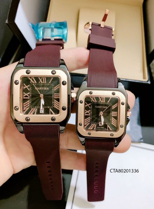 Đồng Hồ Cặp Cartier Màu Nâu Dây Cao Su Thơm
