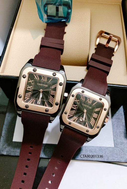 Đồng Hồ Cặp Cartier Màu Nâu Dây Cao Su Thơm
