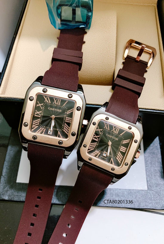 Đồng Hồ Cặp Cartier Màu Nâu Dây Cao Su Thơm