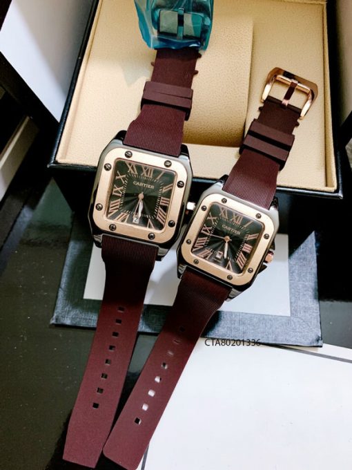 Đồng Hồ Cặp Cartier Màu Nâu Dây Cao Su Thơm
