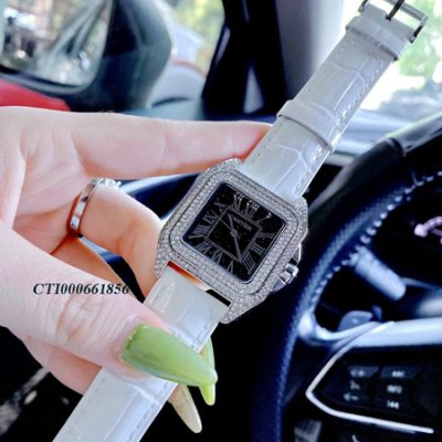 Đồng Hồ Cartier nữ dây da trắng vân viền đá cao cấp
