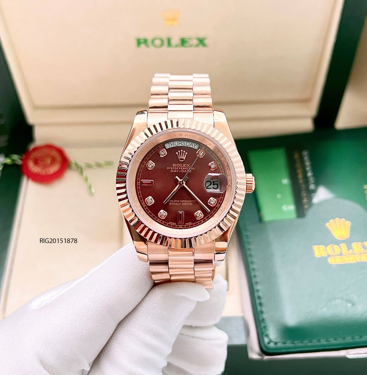 Đồng hồ nam Rolex máy cơ đính đá dây mạ vàng mặt nâu