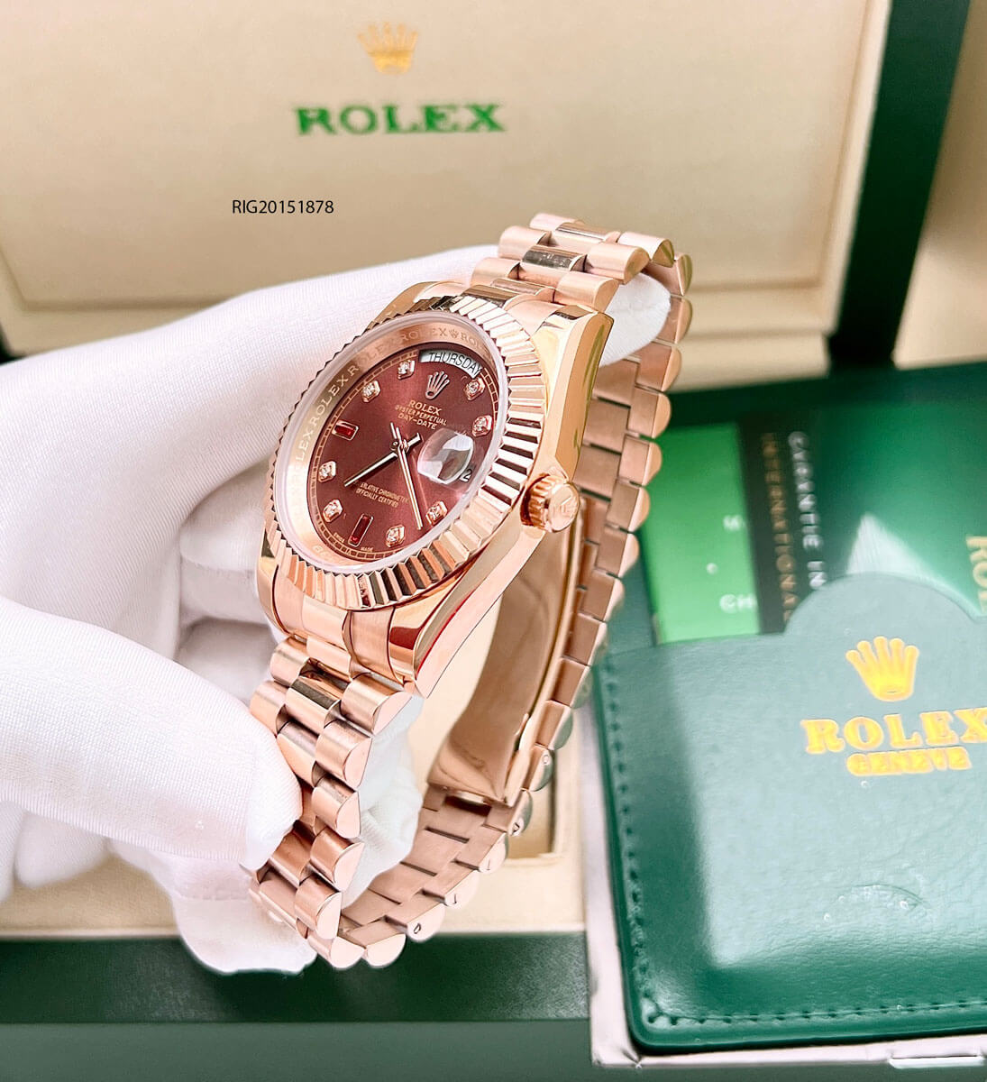 Đồng hồ nam Rolex máy cơ đính đá dây mạ vàng mặt nâu