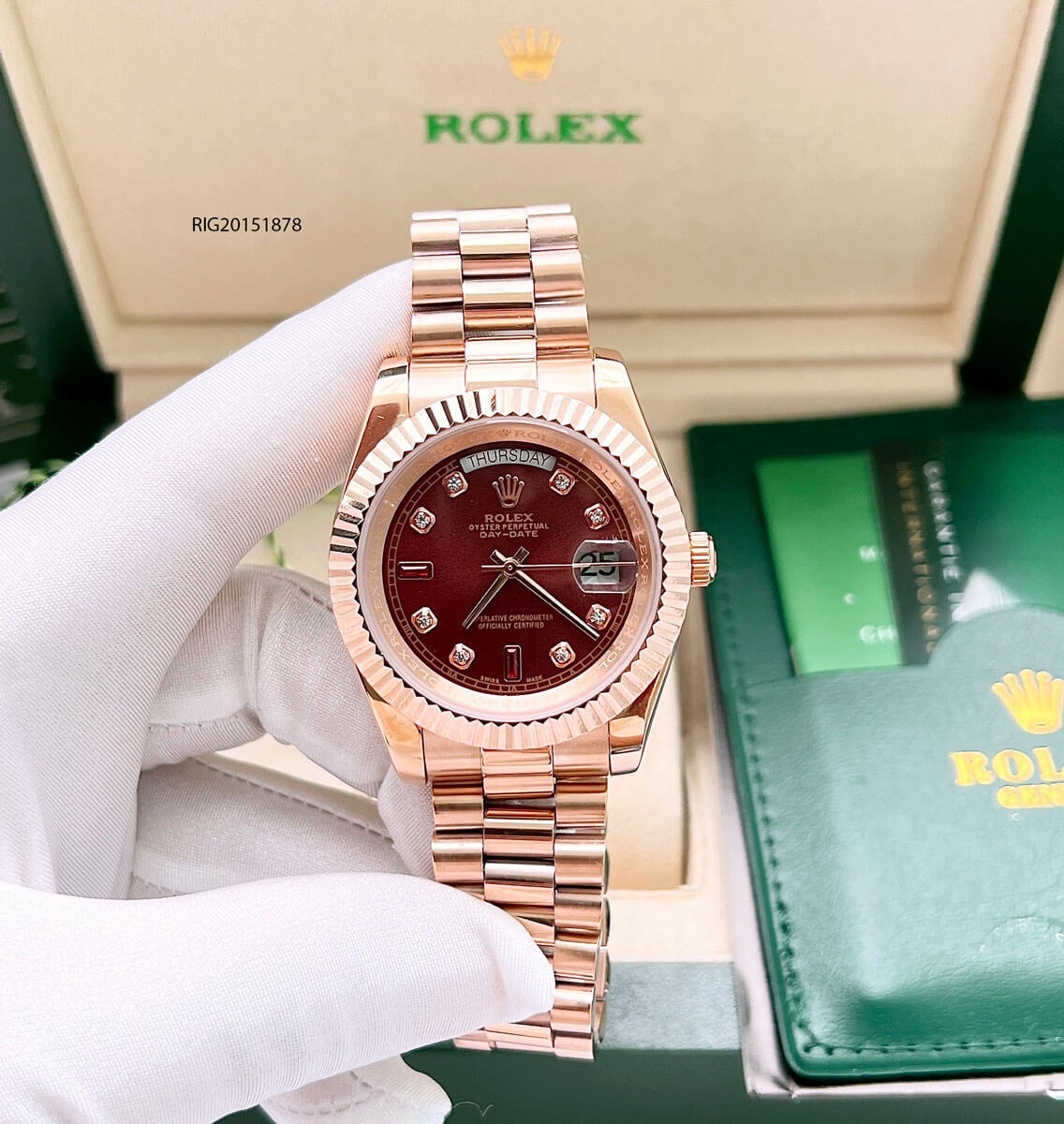 Đồng hồ nam Rolex máy cơ đính đá dây mạ vàng mặt nâu