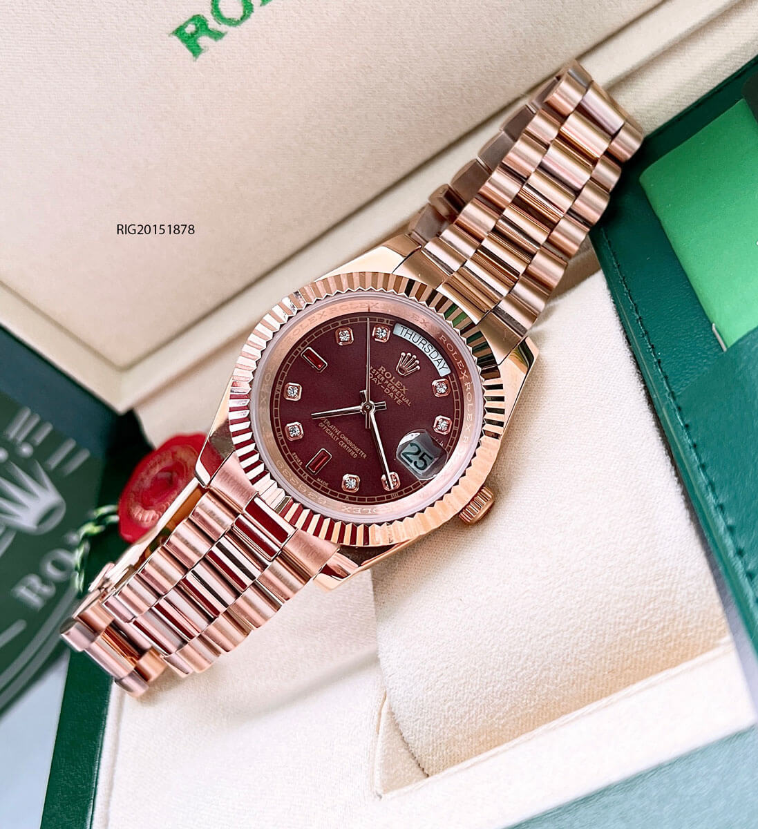 Đồng hồ nam Rolex máy cơ đính đá dây mạ vàng mặt nâu