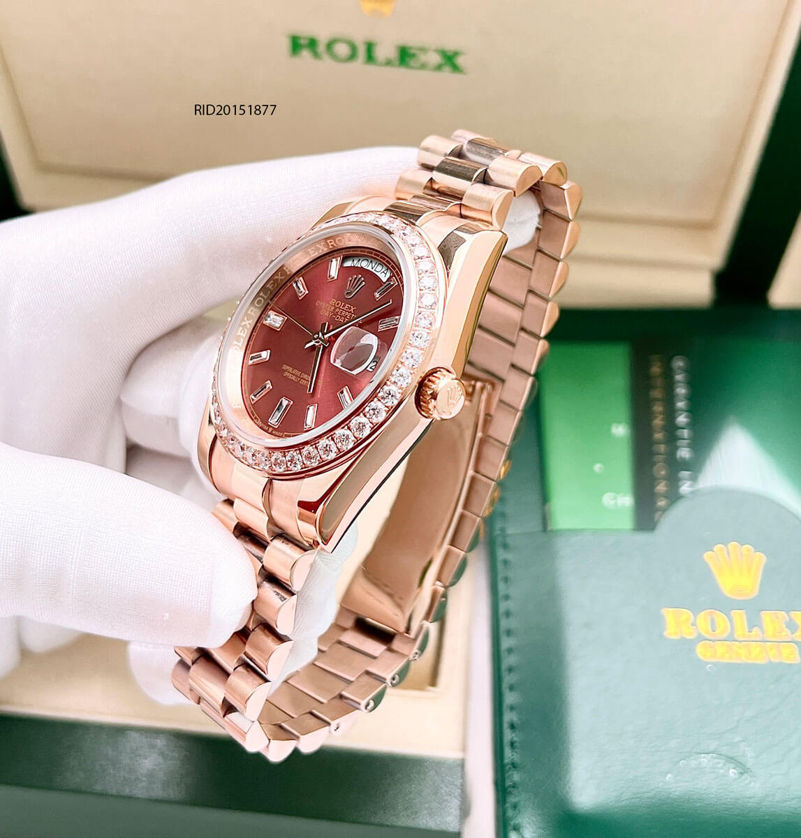 Đồng hồ Rolex Nam máy cơ đính đá dây mạ vàng mặt nâu