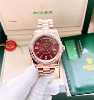 Đồng hồ Rolex Nam máy cơ đính đá dây mạ vàng mặt nâu