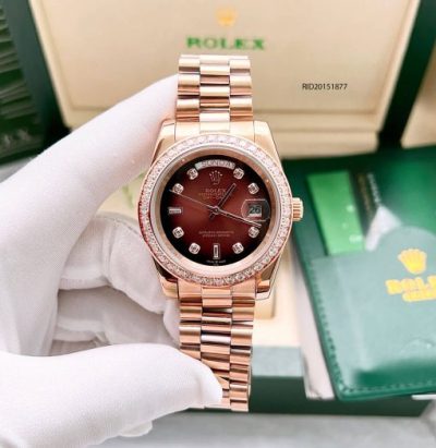 Đồng hồ Rolex Nam máy cơ đính đá dây mạ vàng mặt nâu