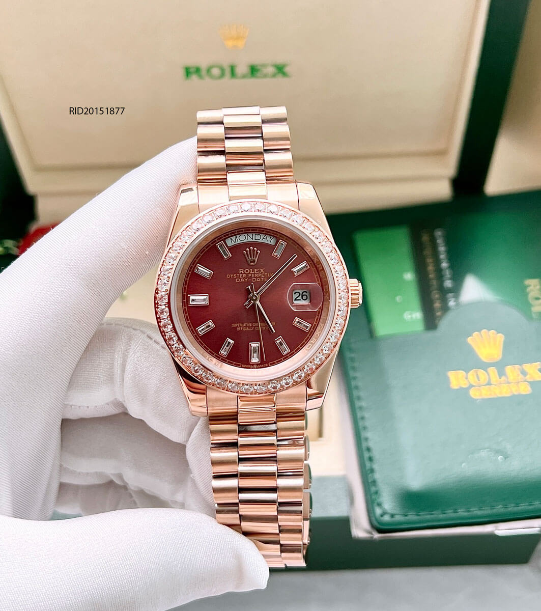 Đồng hồ Rolex Nam máy cơ đính đá dây mạ vàng mặt nâu