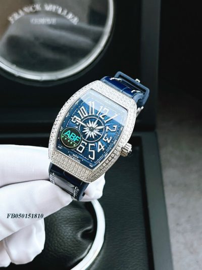 Đồng hồ nữ Franck Muller V32 ABF máy Thụy Sĩ viền đá dây xanh dương siêu cấp