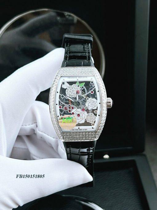 FB150151805-franck-muller-dây-đen-(2) Đồng hồ nữ Franck Muller V32 ABF máy Thụy Sĩ mặt hoa dây da đen
