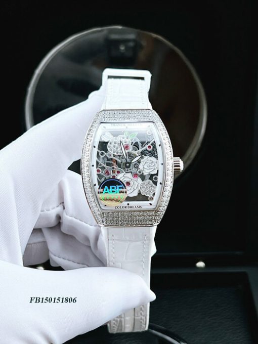 FB150151806-franck-muller-dây-trắng-mặt-hoa-(3) Đồng hồ nữ Franck Muller V32 ABF máy Thụy Sĩ mặt hoa dây da trắng