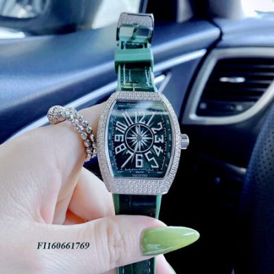 Đồng hồ nữ Franck muller V32 Stell Custom viền đá cao cấp dây xanh lá