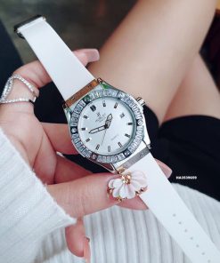 Đồng hồ Hublot Nữ đính đá full viền dây cao su màu trắng