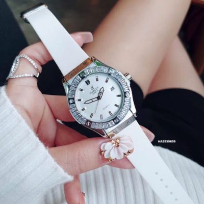 Đồng hồ Hublot Nữ đính đá full viền dây cao su màu trắng