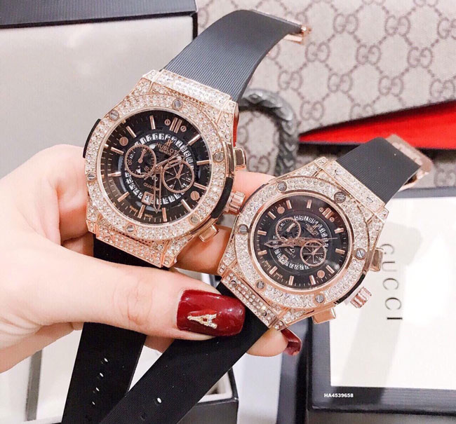 Đồng hồ Hublot Cặp Nam Nữ đính đá full viền dây cao su thơm cao cấp