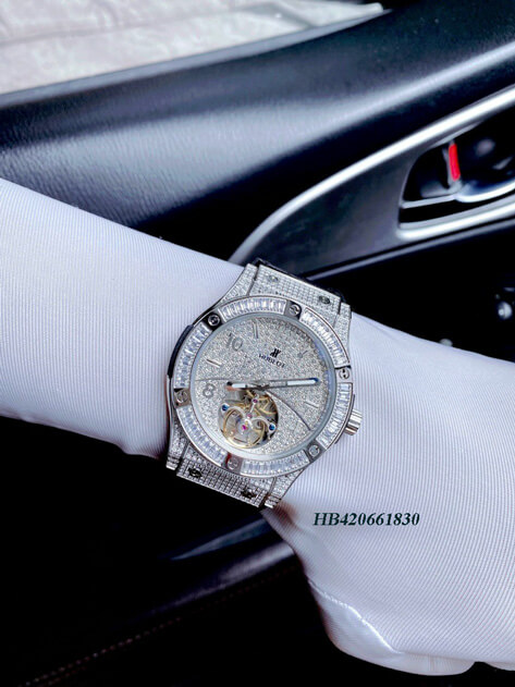 HB420661830-HUBLOT-CƠ-NAM-FULL-MẶT-ĐÁ--(1) Đồng hồ Hublot Nam Automatic mặt full đá màu bạc cao cấp