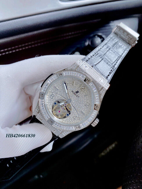 HB420661830-HUBLOT-CƠ-NAM-FULL-MẶT-ĐÁ--(2) Đồng hồ Hublot Nam Automatic mặt full đá màu bạc cao cấp