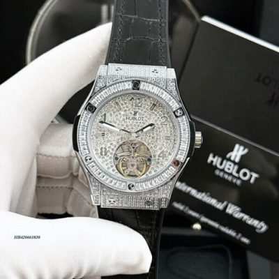 đồng hồ hublot nam lộ cơ mặt full đá bạc