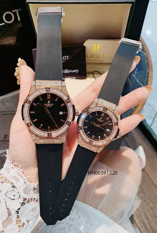 Đồng hồ cặp hublot geneve big bang viền vàng hột vuông cao cấp giá rẻ