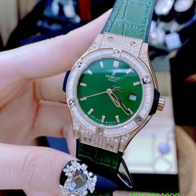 Đồng hồ Hublot Geneve Nữ xanh viền đính full đá cao cấp