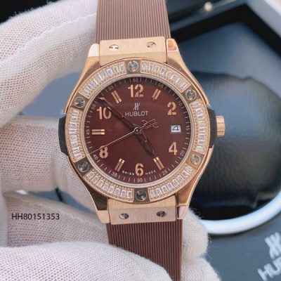 Đồng hồ Hublot nữ mặt số viền đính đá dây cao su màu nâu