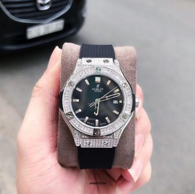 Đồng hồ Hublot geneve cao cấp Nữ full hột Dây Đen viền bạc