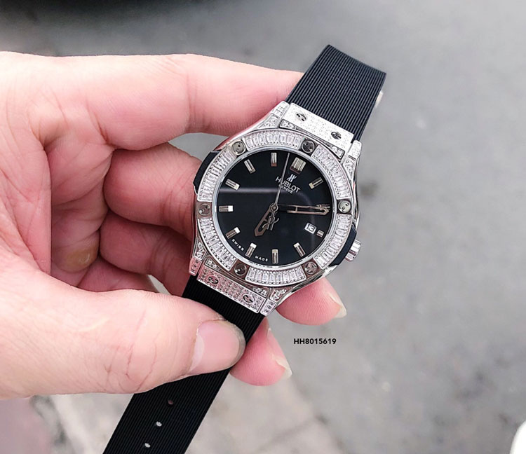 Đồng hồ Hublot geneve cao cấp Nữ full hột Dây Đen viền bạc