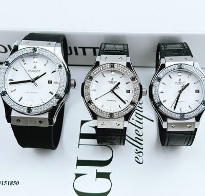 Đồng hồ Hublot Cặp Máy cơ viền đá tròn dây bọc da đen cao cấp