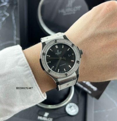 Đồng hồ Hublot Cặp Máy cơ đính đá dây cao su bọc da xanh cao cấp