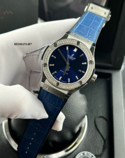 Đồng hồ Hublot Cặp Máy cơ đính đá dây cao su bọc da xanh cao cấp