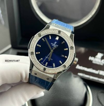 Đồng hồ Hublot Cặp Máy cơ đính đá dây cao su bọc da xanh cao cấp