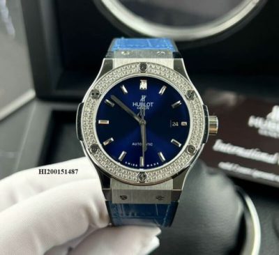 Đồng hồ Hublot Cặp Máy cơ đính đá dây cao su bọc da xanh cao cấp