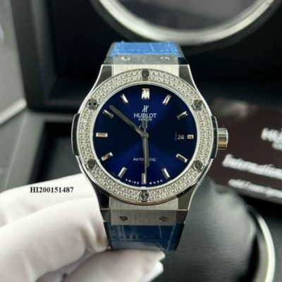 Đồng hồ Hublot Cặp Máy cơ đính đá dây cao su bọc da xanh cao cấp