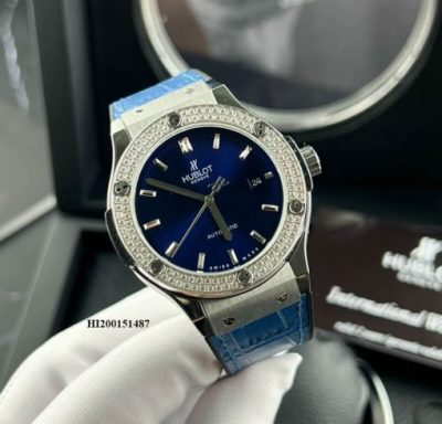 Đồng hồ Hublot Cặp Máy cơ đính đá dây cao su bọc da xanh cao cấp