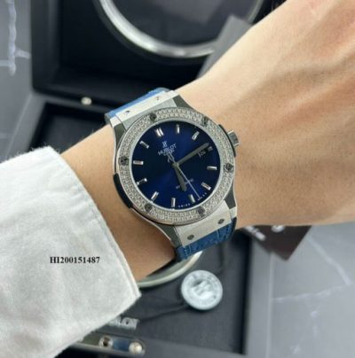 Đồng hồ Hublot Cặp Máy cơ đính đá dây cao su bọc da xanh cao cấp