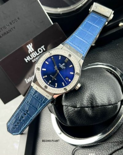 Đồng hồ Hublot Cặp Máy cơ đính đá dây cao su bọc da xanh cao cấp