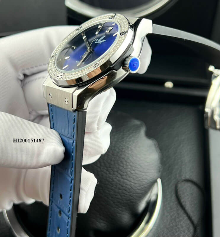 Đồng hồ Hublot Cặp Máy cơ đính đá dây cao su bọc da xanh cao cấp