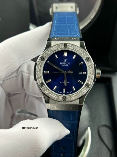 Đồng hồ Hublot Cặp Máy cơ đính đá dây cao su bọc da xanh cao cấp