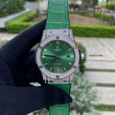 Đồng hồ Hublot nam Máy cơ đính đá hột tròn dây màu xanh lá cao cấp