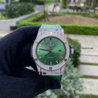 Đồng hồ Hublot nam Máy cơ đính đá hột tròn dây màu xanh lá cao cấp