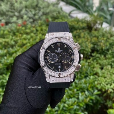 Đồng hồ Hublot Cặp nam nữ 5 kim viền bạc đính đá dây cao su cao cấp