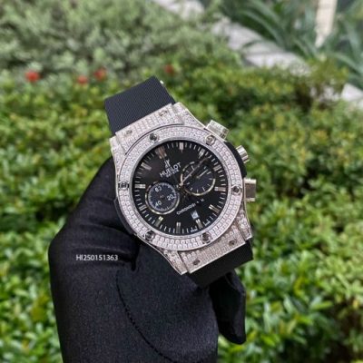 Đồng hồ Hublot Cặp nam nữ 5 kim viền bạc đính đá dây cao su cao cấp