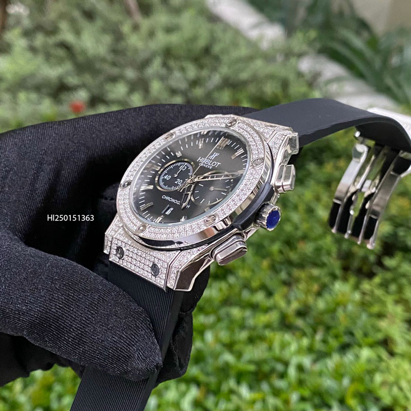 Đồng hồ Hublot Cặp nam nữ 5 kim viền bạc đính đá dây cao su cao cấp