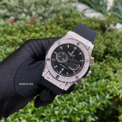 Đồng hồ Hublot Cặp nam nữ 5 kim viền bạc đính đá dây cao su cao cấp