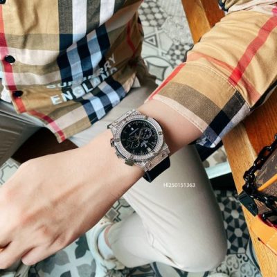 Đồng hồ Hublot Cặp nam nữ 5 kim viền bạc đính đá dây cao su cao cấp