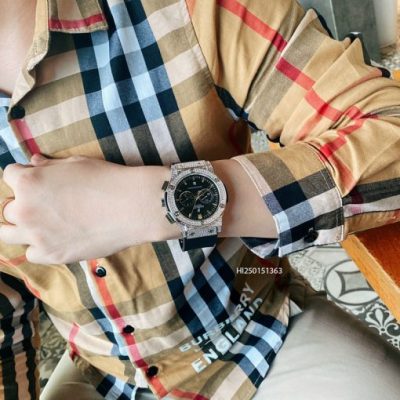 Đồng hồ Hublot Cặp nam nữ 5 kim viền bạc đính đá dây cao su cao cấp